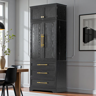 Armoire de cuisine autoportante, grand rangement avec tablettes de porte, quincaillerie dorée, style transitionnel, salle à manger et salon
