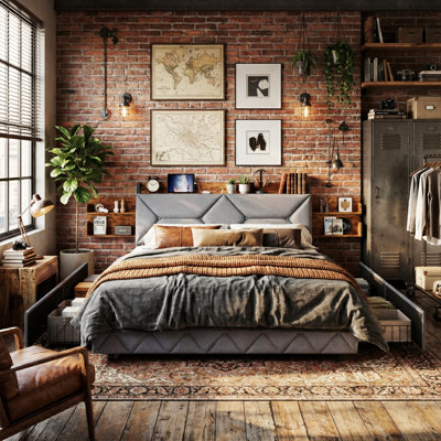 Industrial Storage Bed With 4 Drawers & Retractable Shelves, Upholstered Frame With USB Ports, European Double & King Sizes, Grey
