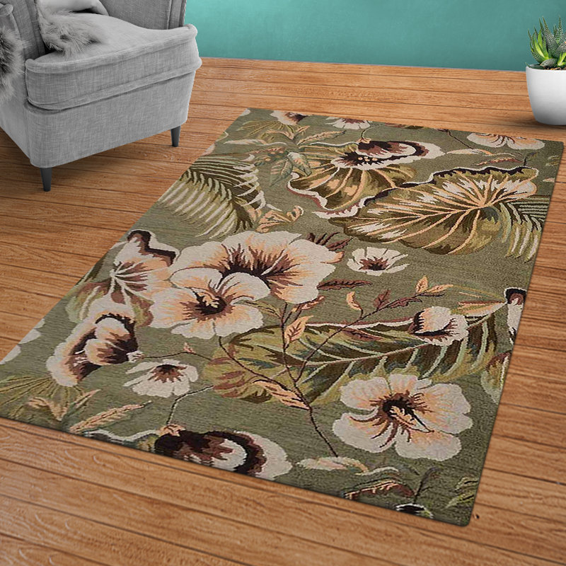Tapis écologiques en laine touffetés à la main - Rectangle, couleur verte, motif floral moderne, tapis antidérapants faits à la main épais pour salon, chambre à coucher