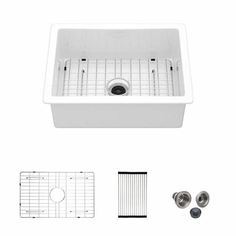 24" L Drop-In / Undermount Kitchen Sink Single Bowl White Ceramic Dual Mount Kitchen Sink