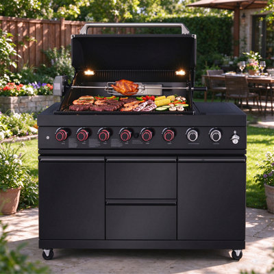Îlot de cuisine extérieure de 147 cm (58 po) avec barbecue à gaz à 6 brûleurs, 96 000 BTU, noir, avec rôtissoire électrique, voyants DEL sur les boutons, thermomètre, bac à graisse coulissant, tiroirs de rangement et ouvre-bouteille pour terrasse et jardin.
