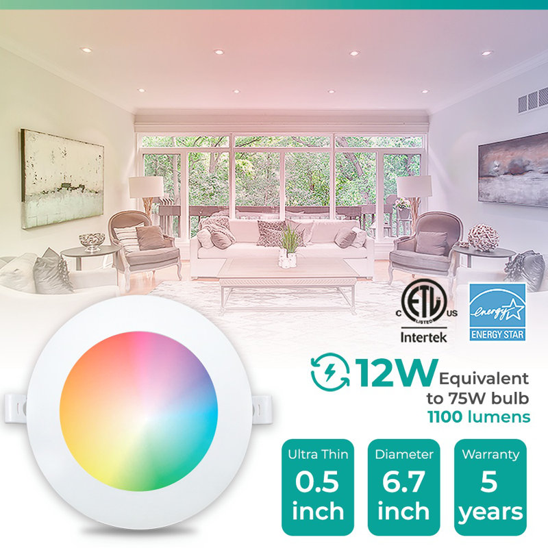 6 po mince DEL intelligente encastrée, 12 W, blanc réglable RVB, à intensité variable, compatible Wi-Fi