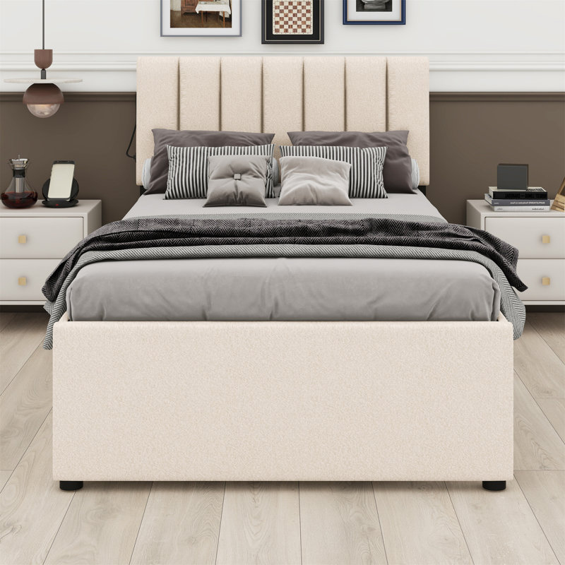 Lit plateforme tapissier avec lit gigogne, Beige