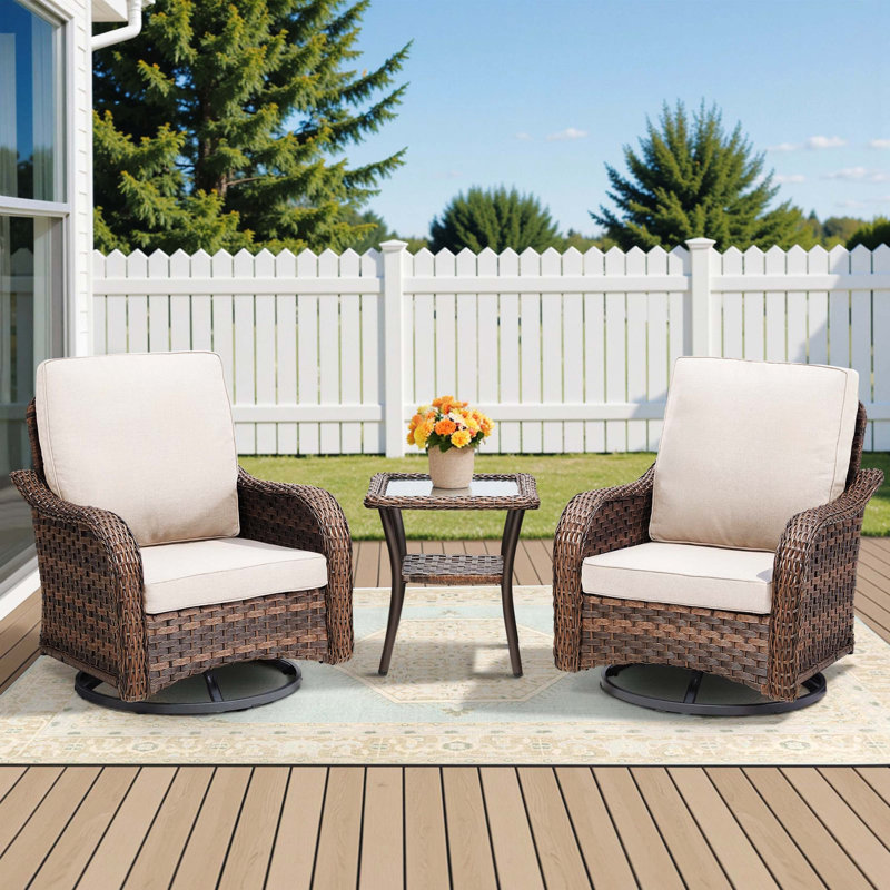 Ensemble de 3 pièces de mobilier d'extérieur, ensemble de bistro à bascule pivotant et en osier avec table d'appoint pour porche, terrasse et cour arrière, couleur beige