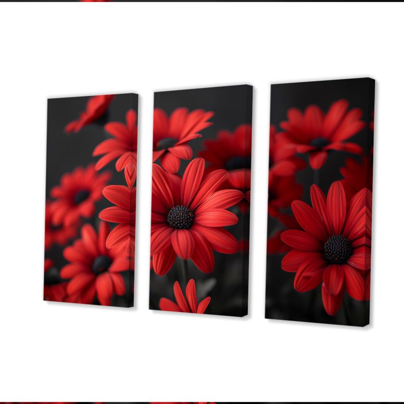 Ensemble de salon mural marguerites monochromes rouges et noires Photo II, Toile tendue, H 28 po x l 36 po x P 1 po