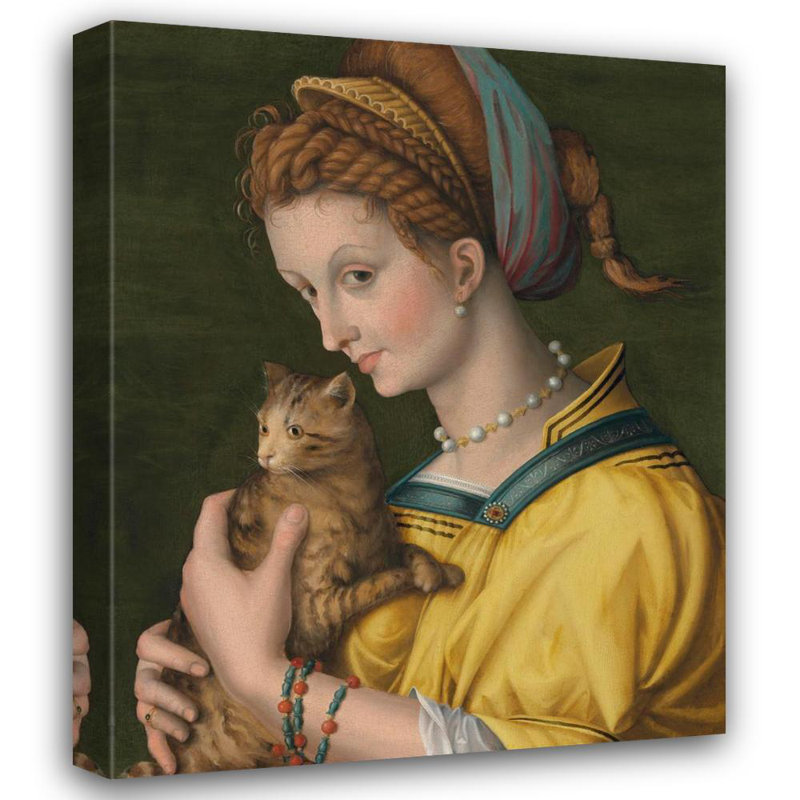 "Portrait d'une jeune femme tenant un chat" par Bacchiacca - Art sur toile tendue avec châssis, H 24 po x l 17 po