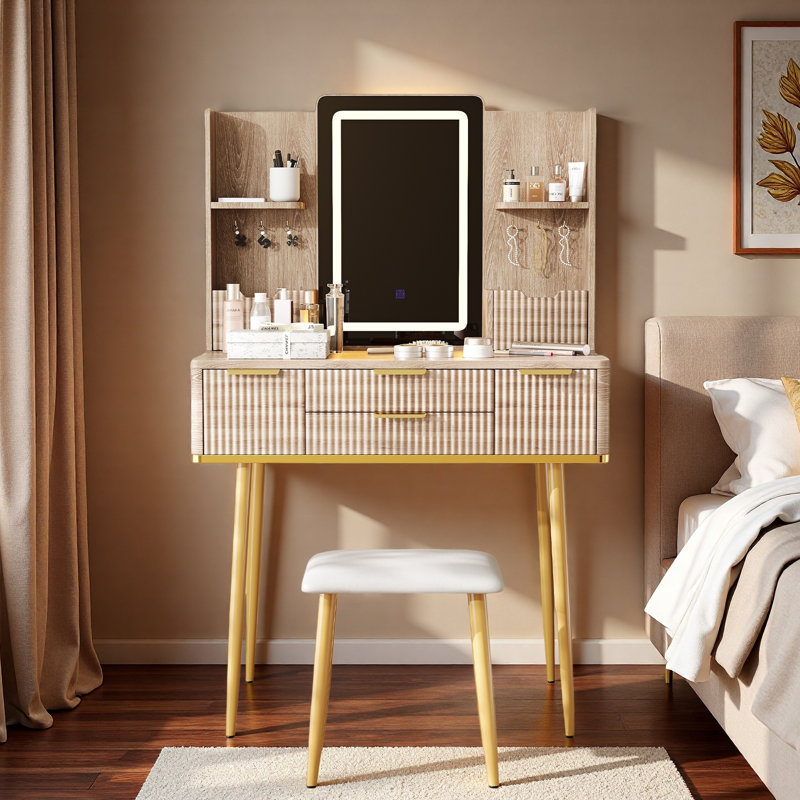 Fluted Vanity Desk With Led Mirror, Metal Legs, Jewelry Storage, 4 Drawers And Pu Stool