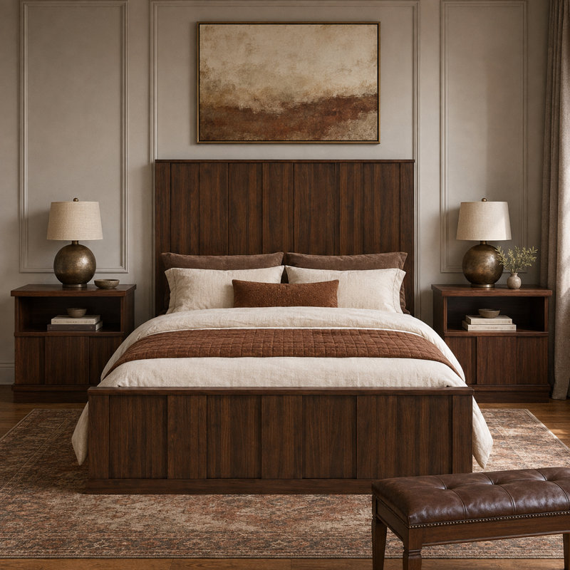 Ensemble de lit plateforme moderne en bois cannelé et 2 tables de chevet avec rangement ouvert, ensemble de chambre à coucher 3 pièces
