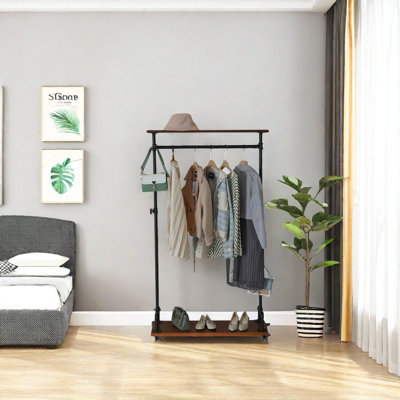 Freestanding Hanger, Hanger On Wheels, Household Clothing Display, With 4 Stabilising Feet, For Clothing Storage Display, Industrial Pipe Clothing Rack Wood Garment Rack ,Black