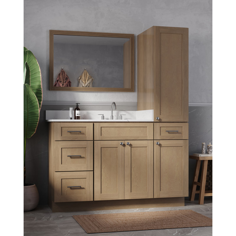 Disar 54'' Single Bathroom Vanity With Right Linen Tall Cabinet Dovetail Solid Wood Drawer Carrara Quartz Top, Natural Oak