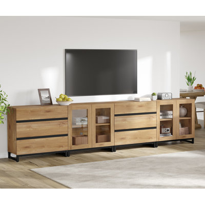 Meuble télé 4 en 1, console de télévision avec portes en verre et 6 tiroirs, centre de divertissement avec tablette réglable