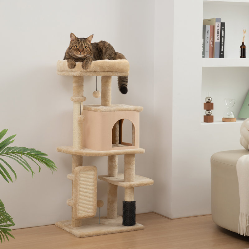 Arbre à chat 41 po avec poteaux à griffer, lit à chat, condo, beige
