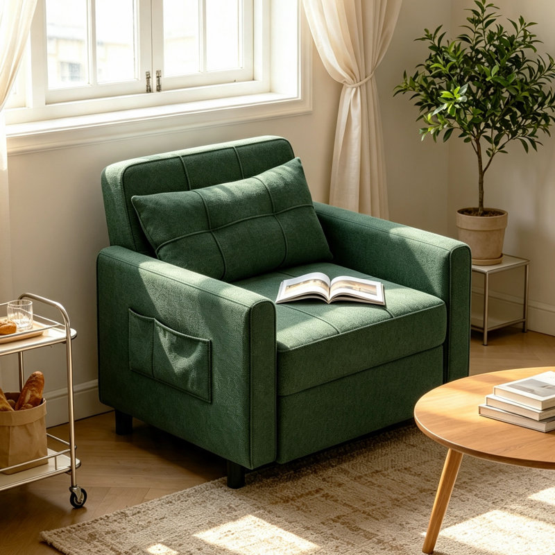 3-in-1 Convertible Pull Out Sleeper Chair, Adjustable Backrest 100°-180° Upholstered Single Sofa Bed with Side Pocket & Casters,Linen Accent Chair for Living Room Guest Room