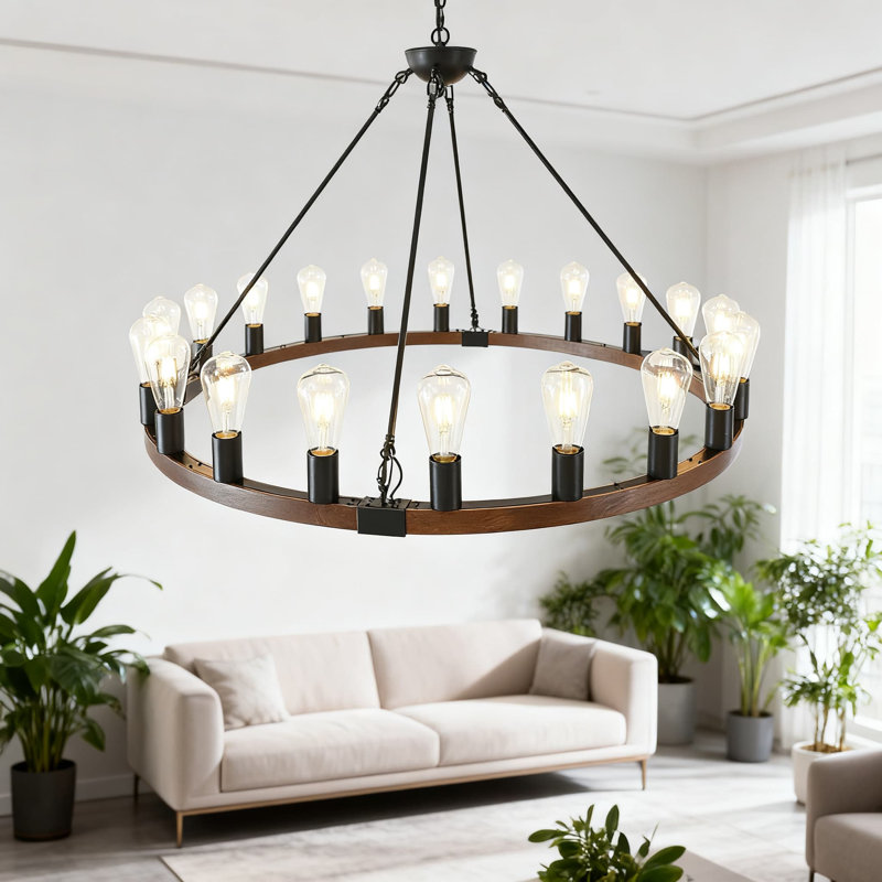Luminaire suspendu rustique en noyer noir avec roues lumineuses en forme de roue de chariot avec ampoules E26 luminaire suspendu industriel rétro pour plafond haut salon, salle à manger, grande pièce et grange