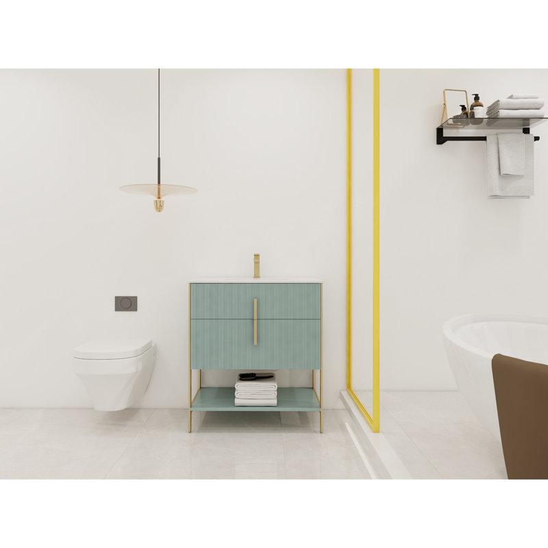 Meuble-lavabo moderne avec plateau en pierre blanche Fine Fixtures Serenity, Vert menthe / or rose, 30"
