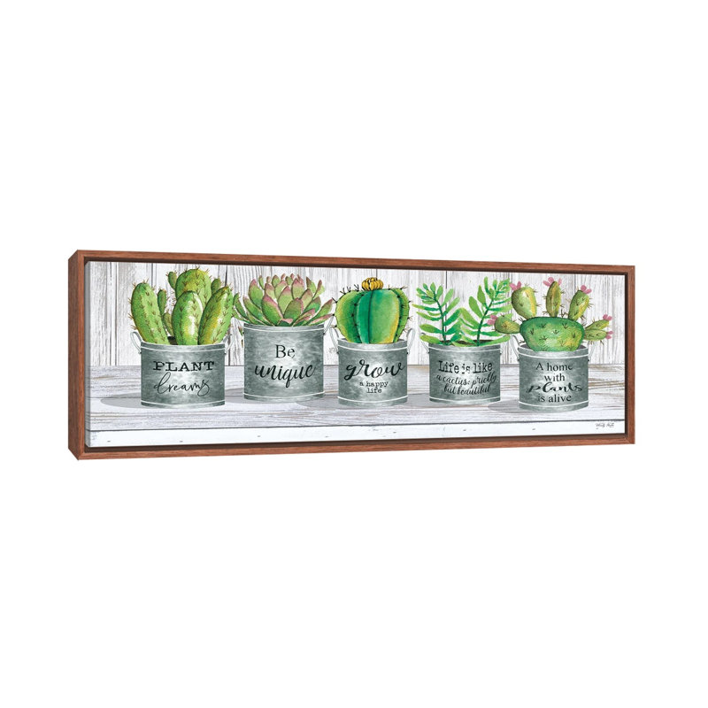 Galvanized Pot Succulents I by Cindy Jacobs - Panoramic Print on Canvas, Brown Floater Frame, 121.92 cm H x 40.64 cm W