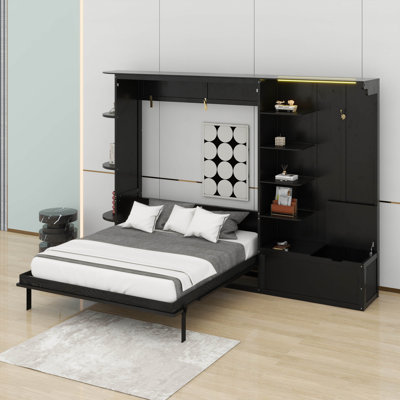 Murphy Bed With Built-In Shelves, Cabinets, LED Lights, And Hidden Legs, Wall Bed With Oak Veneer Finish, Hook