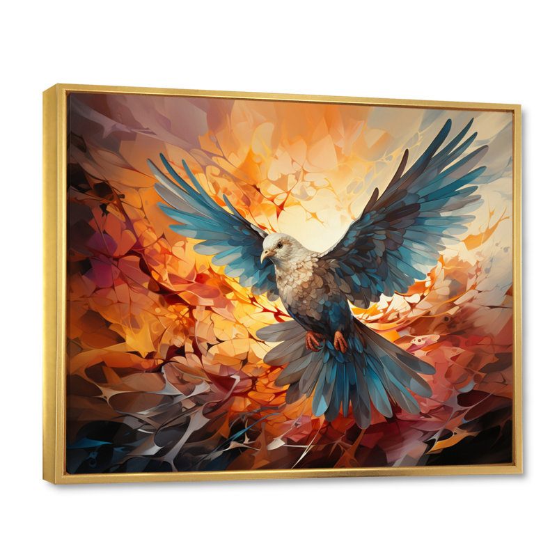 «Teal Dove Winged Messenger Geometric II», reproduction sur toile, H 24 po x l 32 po x P 1 po, Cadre flottant doré