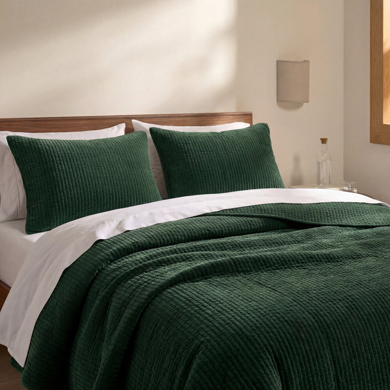Stonewashed Cotton Velvet Modern Rustic Quilt Set, Emerald, King Quilt  + 2 King Shams