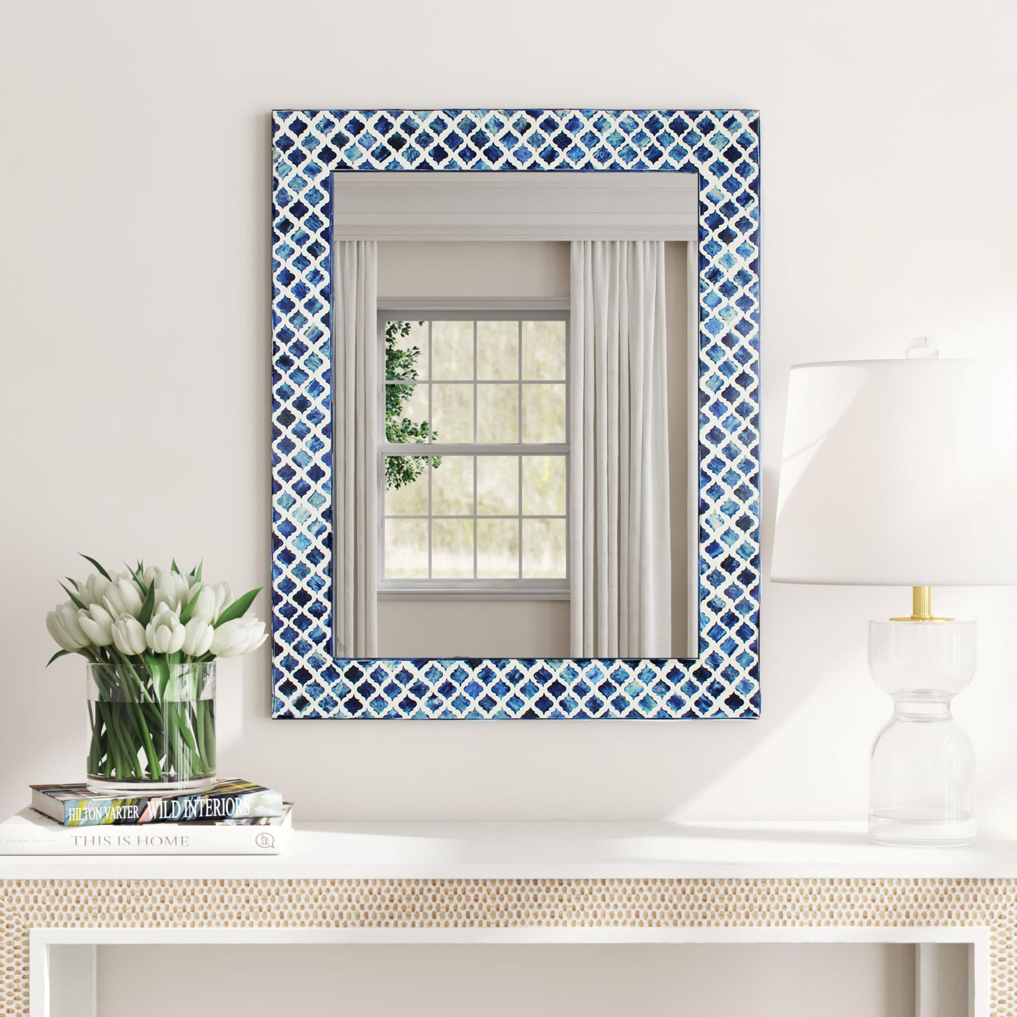 Blue Diamond Pattern Bone Inlay Mirror, Rectangle