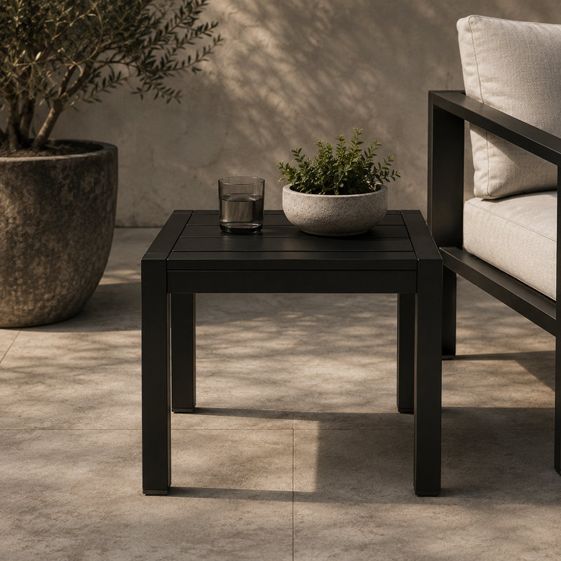 Table d'appoint extérieure carrée en métal l 16 po x P 16 po Aynura, Noir / Noir