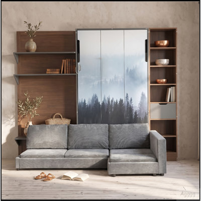 Twin Murphy Bed with Storage Cabinet, Open Shelving & USB Port, Large Sofa Front, Mountain Landscape Printed Panel, Space-Saving Wall Bed for Bedroom, Guest Room & Apartment-Grey
