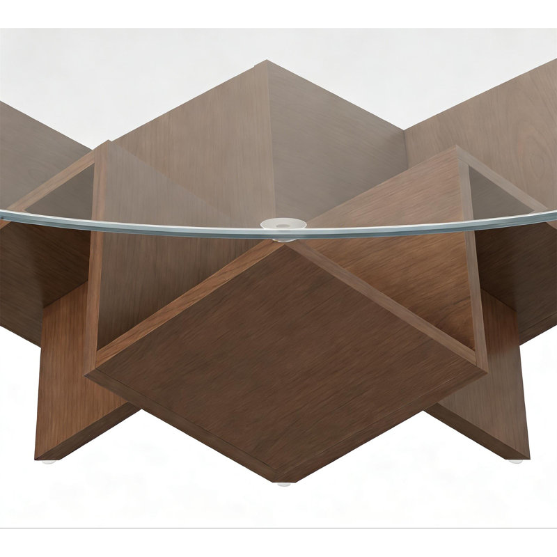 Table basse ronde moderne avec plateau en verre et base géométrique en bois, tablettes de rangement, meubles de salon de 35,4 po