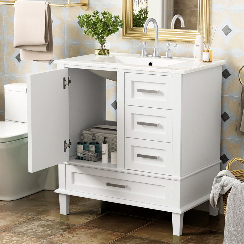 Meuble-lavabo de 30 po de style moderne - blanc avec structure en bois massif. Évier équipé, 3 tiroirs et porte pour un élégant meuble à cadre de meuble-lavabo. Fonctionnel