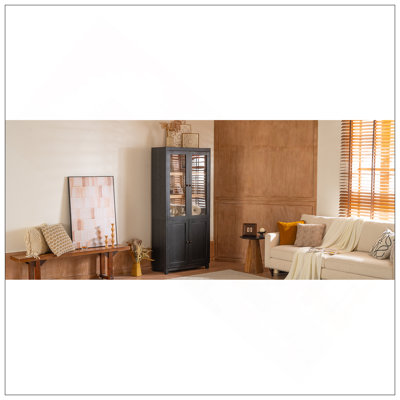74.5''H Ash Wood Grain Display Cabinet, Bookcase With Glass Doors & Adjustable Shelves, Mid-Century Modern Bookshelf, Curio Cabinet For Hallways, Livingroom Kitchen & Office - Black