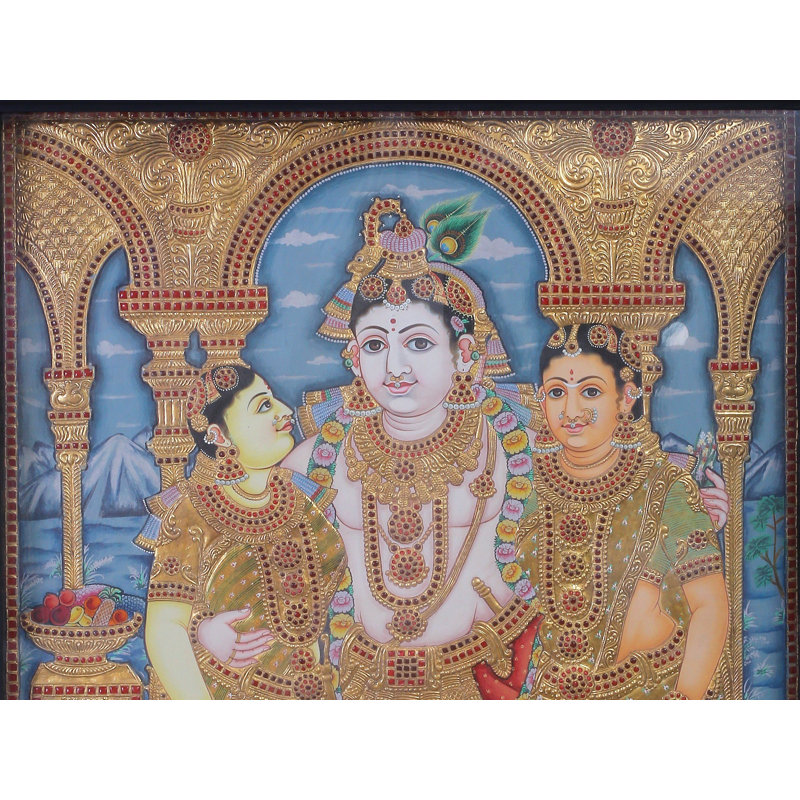 «Lord Vishnu reposing on Sheshnag», peinture traditionnelle indienne avec cadre en teck | Art mural 24K à feuilles d'or | Décoration spirituelle fabriquée à la main Ananta Shesha | Prêt à accrocher, œuvre encadrée du temple