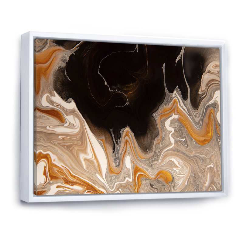 Vagues de marbre brun et noir - Peinture sur toile, H 34 po x l 44 po, Cadre flottant blanc