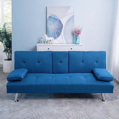 Abdelaziz Linen Upholstered Convertible Futon Sofa Bed With Armrests, Metal Legs, and 2 Cup Holders