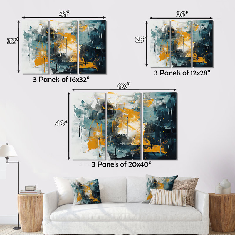 "Bliss Of Happiness" en jaune et bleu III sur toile, 3 pièces, H 28 po x l 36 po x P 1 po