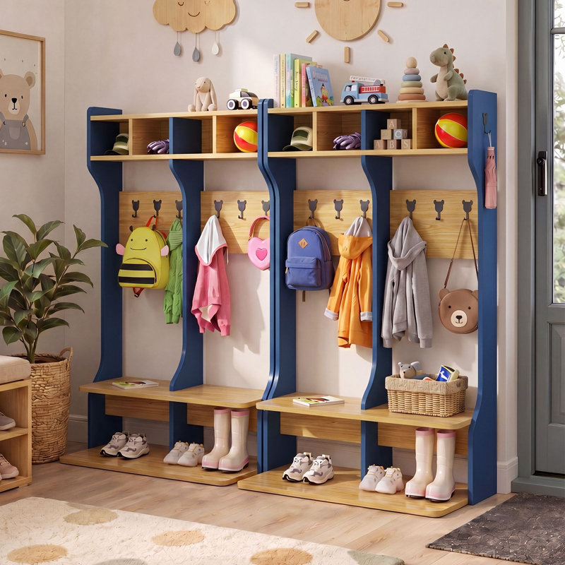 Étagère de rangement à 2 sections avec casiers pour enfants avec banc et crochets, organisateur de support de classe ouvert pour la chambre de bébé, école maternelle, vestibule, vestiaire