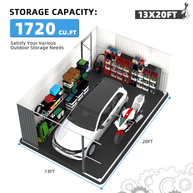 13 ft. W X 20 ft. D Outdoor Metal Storage Shed Garage Shed, Cool Gray