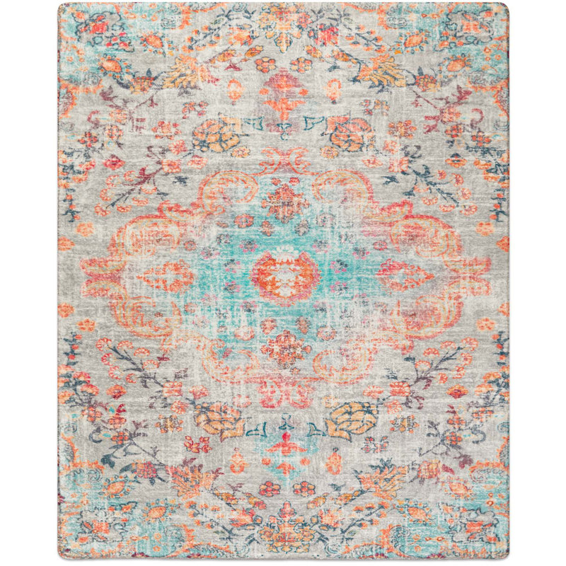 Juanelle Performance Washable Indoor Rug, Retangle 8' x 10', Teal & Coral