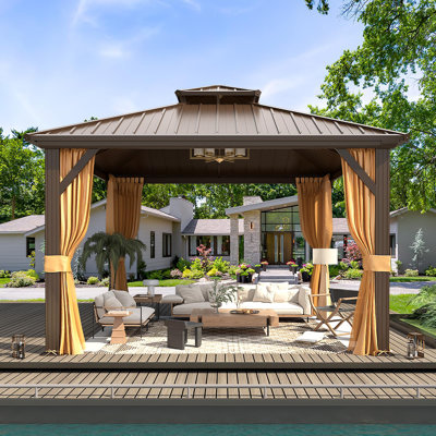 Pavillon de jardin en aluminium robuste avec double toit en acier galvanisé, auvent extérieur à toit rigide avec rideau et moustiquaire pour terrasse de patio et spa