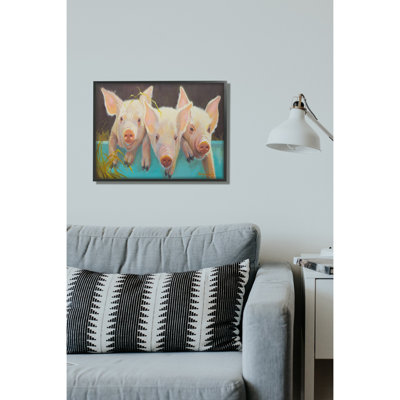 Porcelets roses dans un seau bleu par Carolyne Hawley - reproduction d'art sur bois