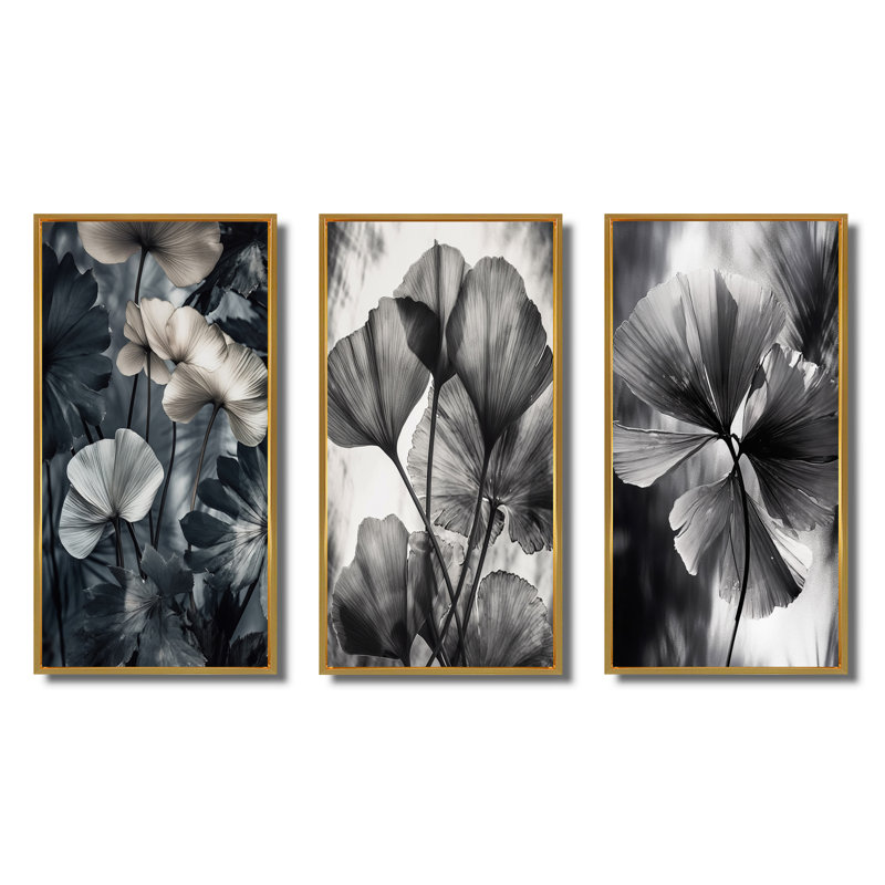 Ensemble de 3 feuilles de ginkgo tropical, Cadre flottant doré, H 20 po x l 36 po