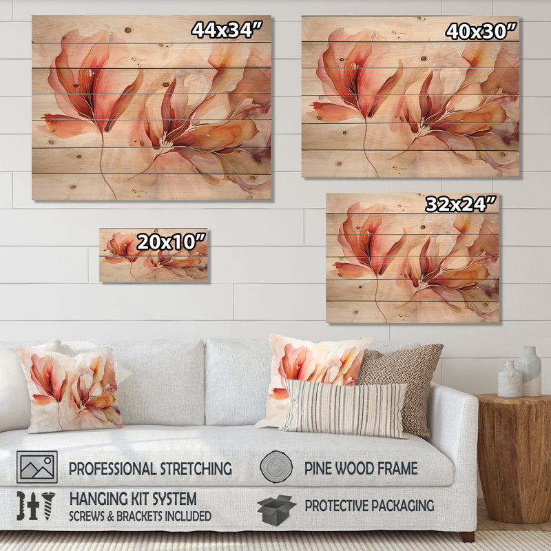 Reproduction de pétale de pêche sur bois, H 10 po x l 20 po x P 0,78 po