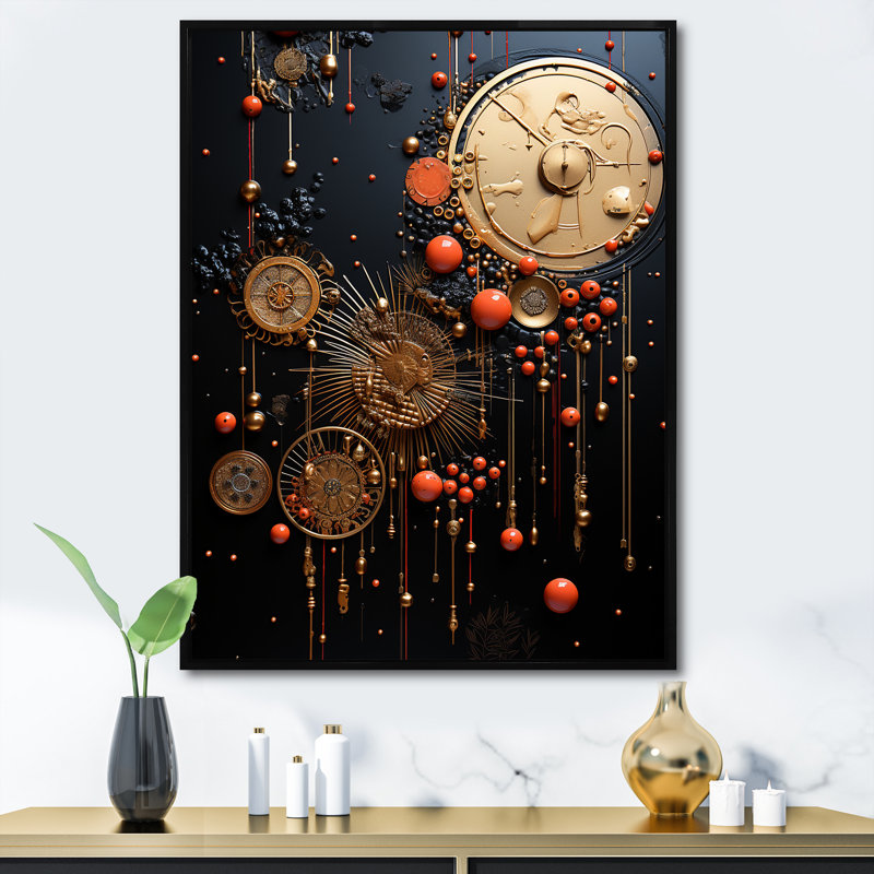 "Abstraction en spirale dorée et noire", H 40 po x l 30 po x P 1,5 po, Cadre flottant noir