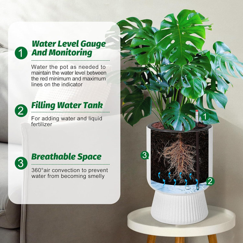 14.2" Tall Planters Set Of 2, Plant Pots, Self Watering Pots For Indoor Plants, Flower Pots With Built-In Drainage And A Water Level Monitor, For Patio, Porch, Living Room, Or Home Office