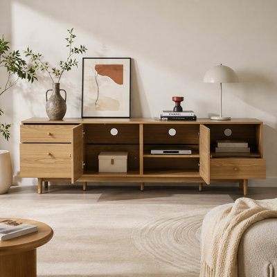 Meuble télé Boho pour téléviseur de 65, 75 et 85 pouces, meuble audio-vidéo avec rangement ouvert et tiroirs, meuble télé moderne en bois avec rotin véritable