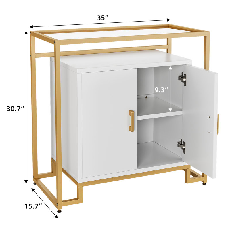Buffet en bois, armoire de rangement avec 2 portes, espace de rangement, structure en acier et plateau en verre trempé, Blanc