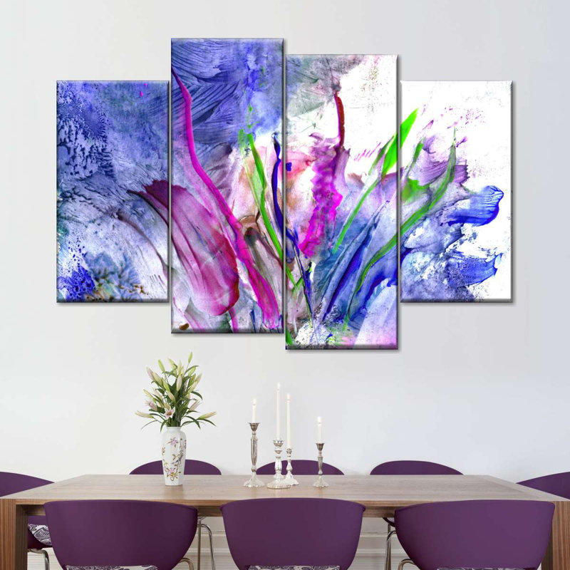Ensemble de 4 fleurs abstraites sur toile, H 36 po x l 22 po x P 1 po