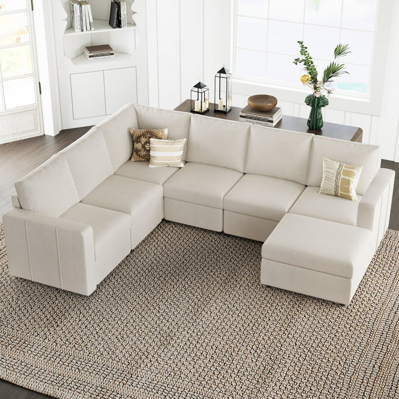 Canapé de coin convertible en forme de L en chenille 8 pièces Seybert, Velours beige