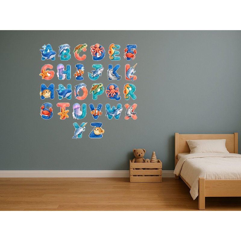 Ocean Animal Alphabet Wall Decals, Set of 26 Educational Peel and Stick Wall Stickers, Classroom Playroom Decor, Kids Learning Wall Art, 20"W x 20"H (50 x 50 cm)