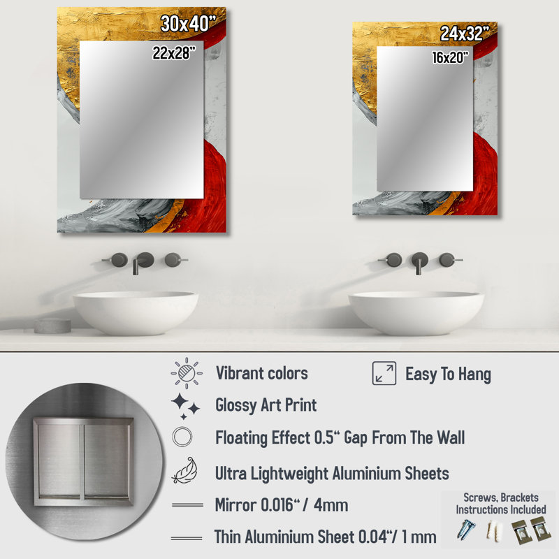 Fractal Volcano And Stone Energy II - Fractals Large Mirror, Red Unique Wall Mirror Decor, Printed Metal Art, 40" x 30"
