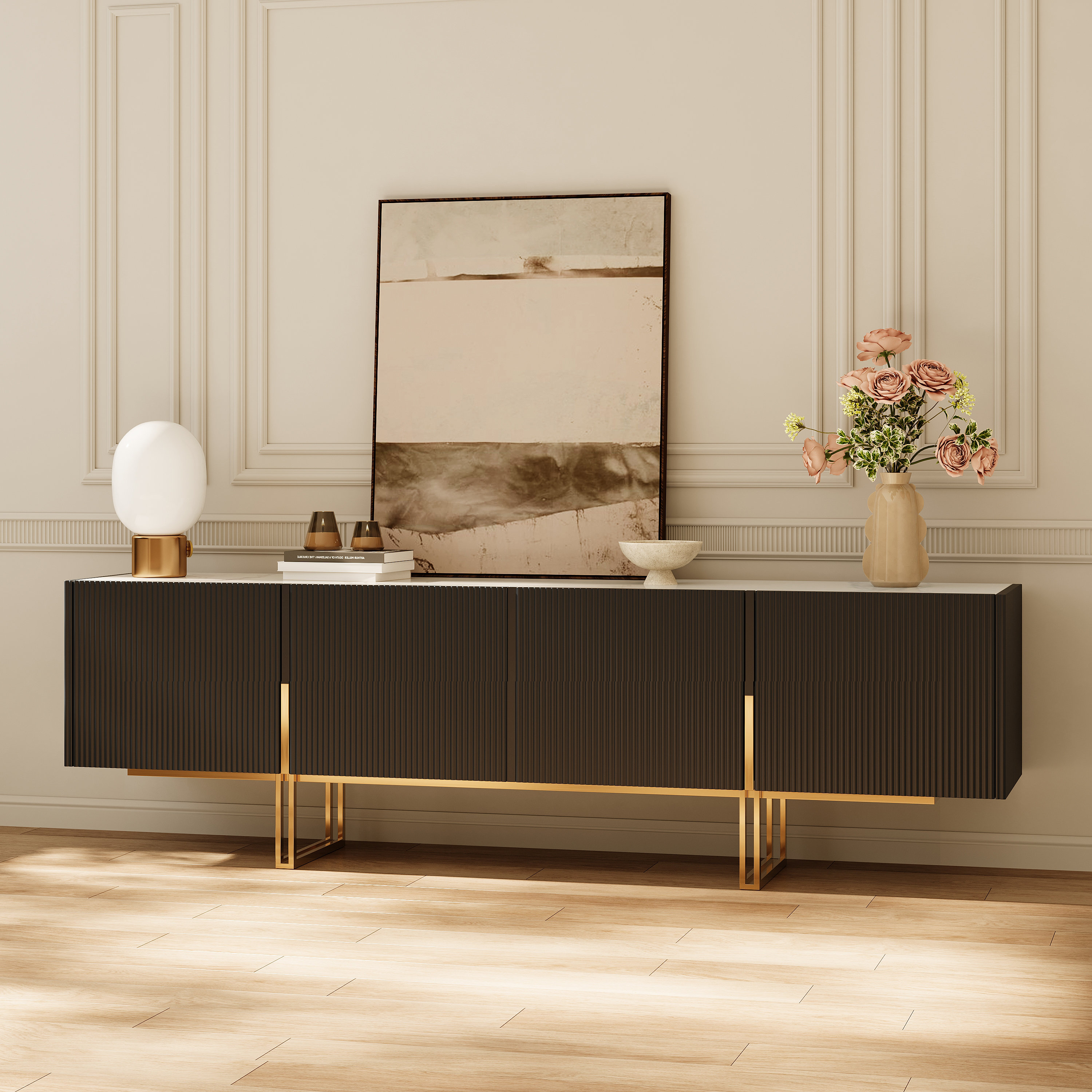 Everly Quinn Pierpoint Modern Luxury TV Stand, Entertainment Center with Faux Marble Top, TV Console with Gold Stainless Steel Legs & Reviews | Wayfair
