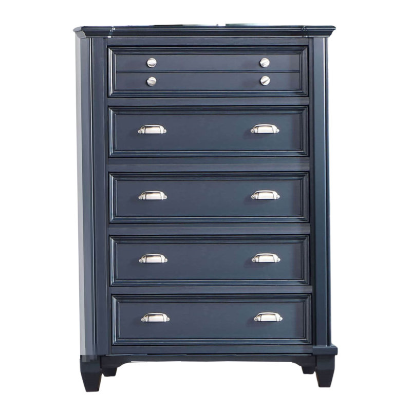 Commode haute Zeny, 5 tiroirs, poignées nickel, bois bleu ardoise